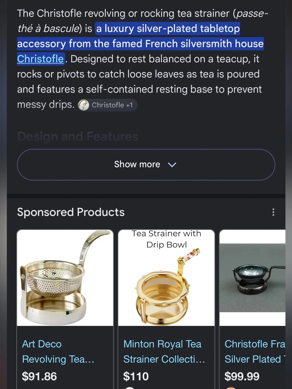NEW Christofle Silver Tea Strainer